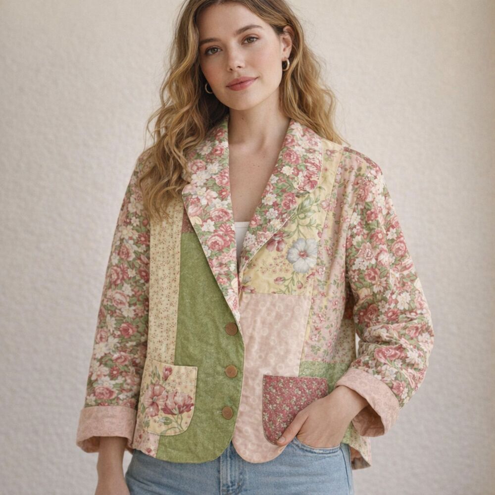 Handmade Patchwork Quilt Jacket Womens Sz M Pastel Floral Pockets Cottagecore